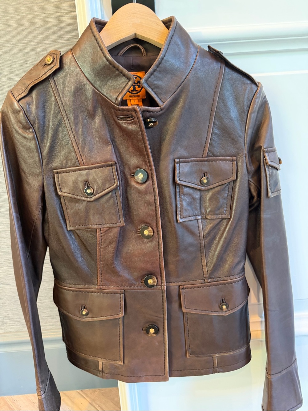 Tory Burch Deep Brown Leather Military-Style Jacket